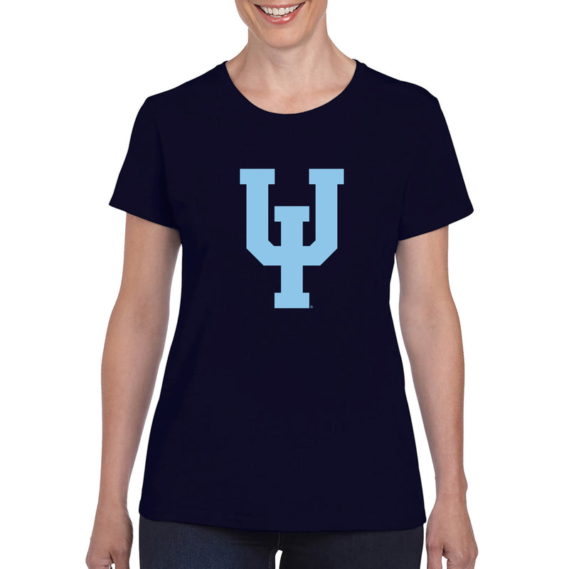 Upper Iowa University Peacocks Primary Logo Basic Cotton Womens Short Sleeve T Shirt - Navy