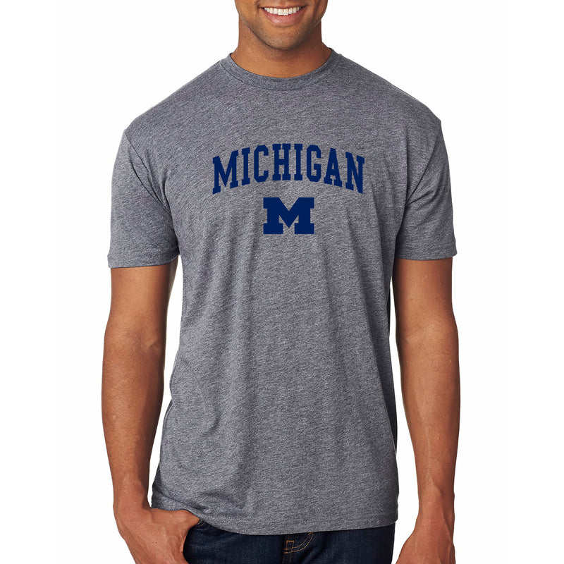 Arch Logo University of Michigan Next Level Triblend Short Sleeve T Shirt - Premium Heather