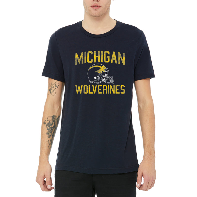 University of Michigan Wolverines Faded Football Helmet Canvas Short Sleeve Triblend T-Shirt - Solid Navy Triblend