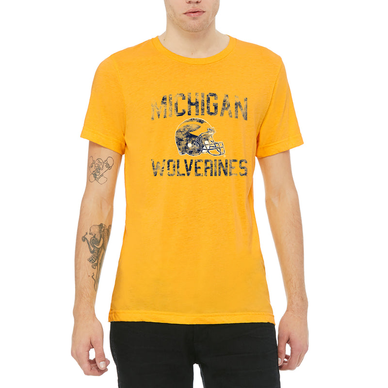 University of Michigan Wolverines Faded Football Helmet Canvas Short Sleeve Triblend T-Shirt - Yellow Gold Triblend