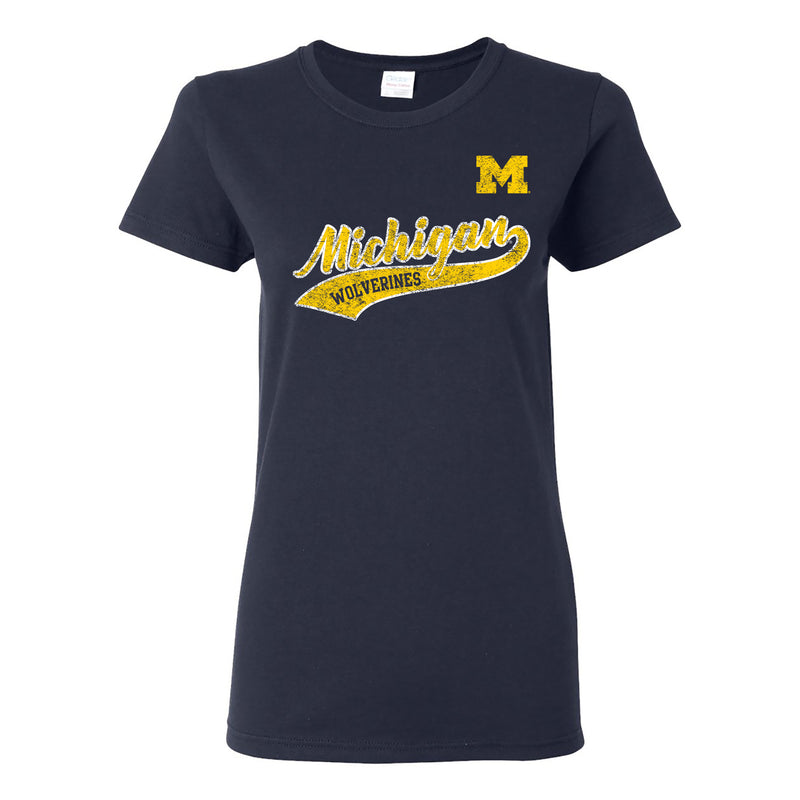 University of Michigan Wolverines Tail Script Women's Basic T Shirt - Navy