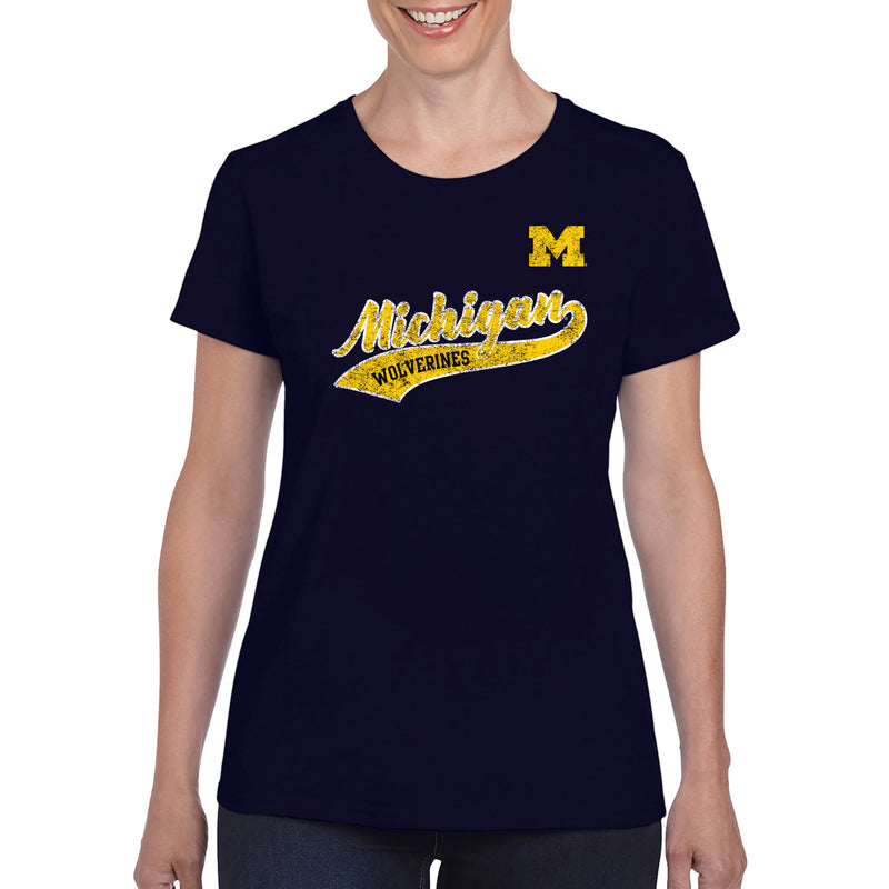 University of Michigan Wolverines Tail Script Women's Basic T Shirt - Navy
