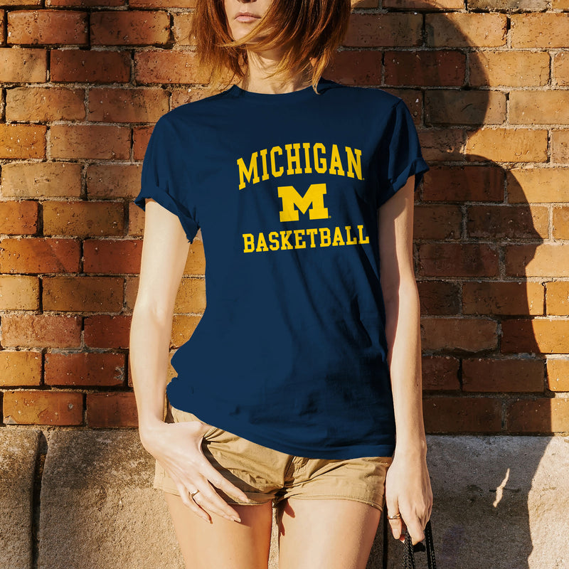Arch Logo Basketball University of Michigan Basic Cotton Short Sleeve T Shirt - Navy