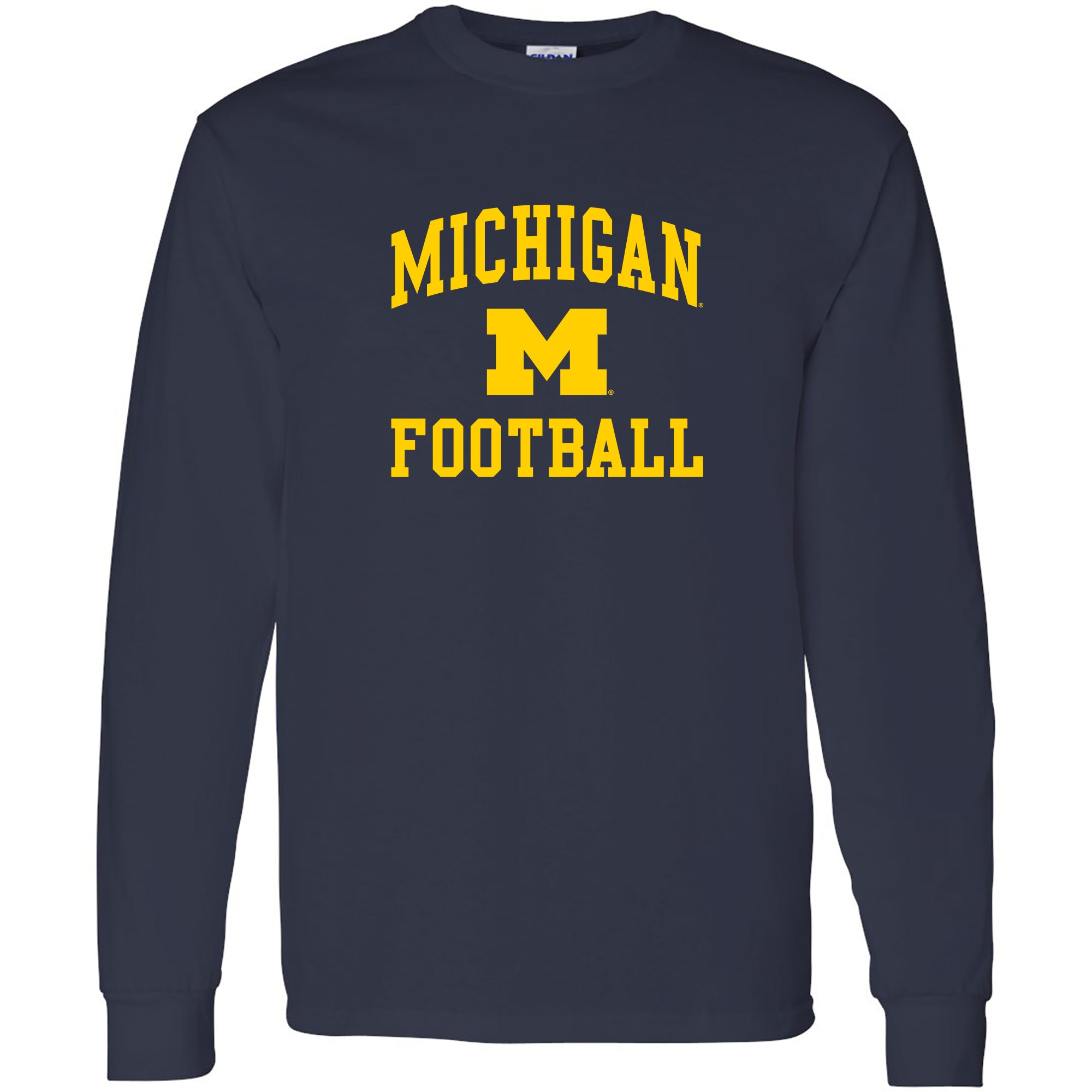 university of michigan fan gear University of Michigan Wolverines Arch Logo Football Long Sleeve T-Shirt in Blue | Size: Small