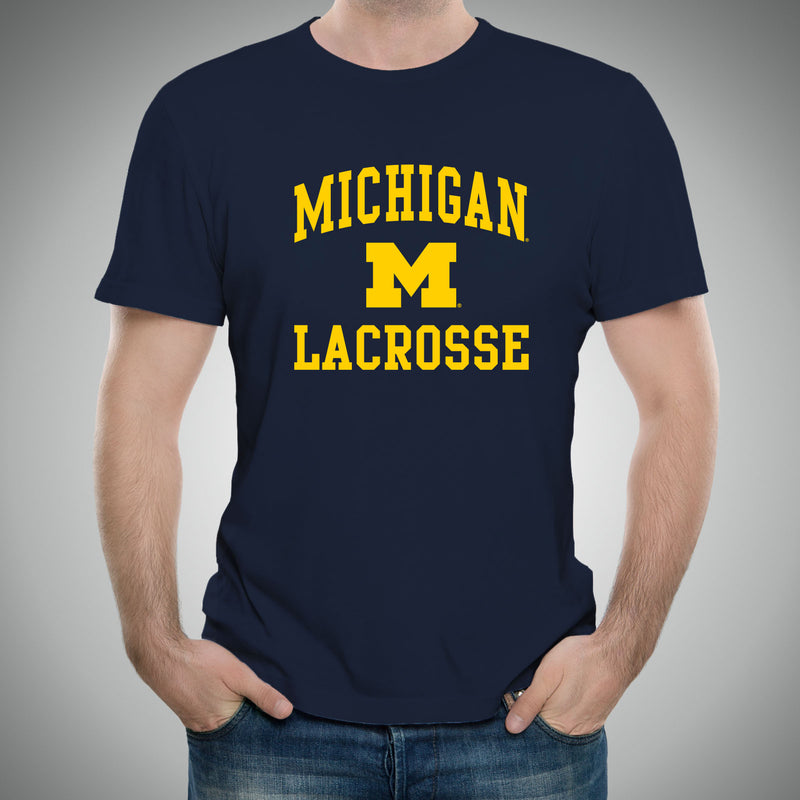 Arch Logo Lacrosse University of Michigan Basic Cotton Short Sleeve T Shirt - Navy