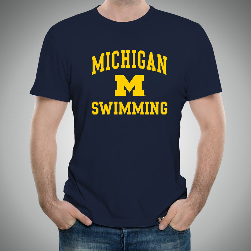 Arch Logo Swimming University of Michigan Basic Cotton Short Sleeve T Shirt - Navy