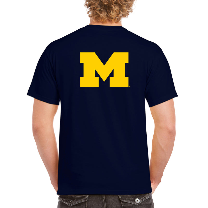 Front Back Print University of Michigan Basic Cotton Short Sleeve T Shirt - Navy