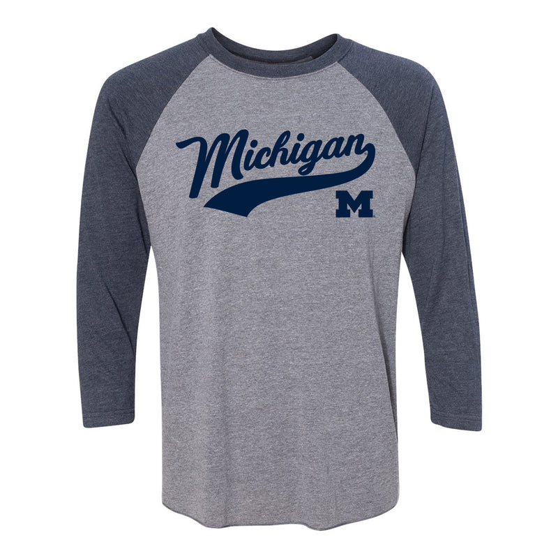 Baseball Jersey Script University of Michigan Next Level Raglan T Shirt - Premium Heather / Vintage Navy