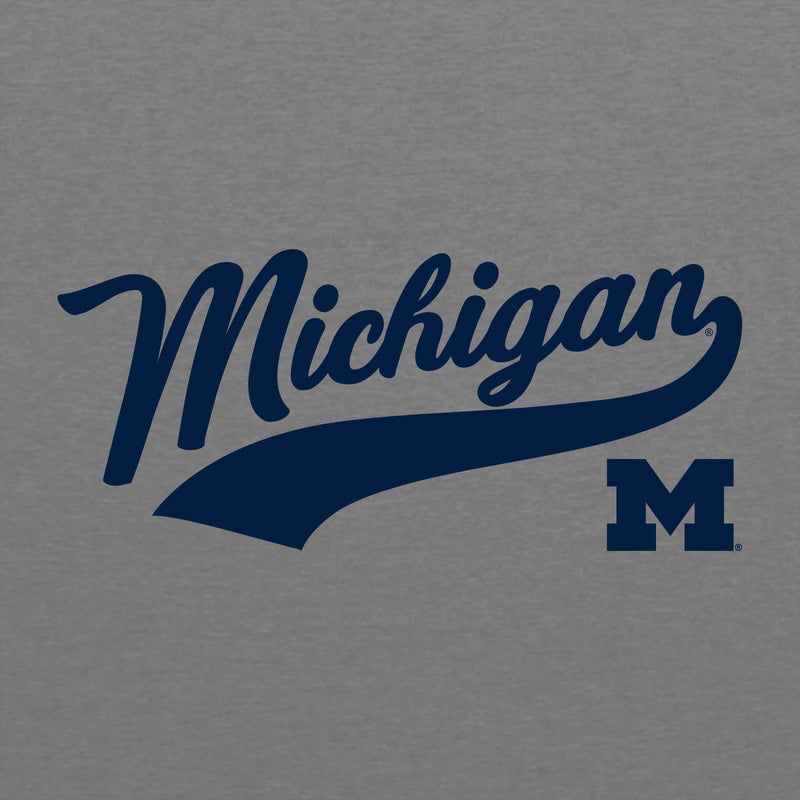 Baseball Jersey Script University of Michigan Next Level Raglan T Shirt - Premium Heather / Vintage Navy