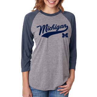 Baseball Jersey Script University of Michigan Next Level Raglan T Shirt - Premium Heather / Vintage Navy