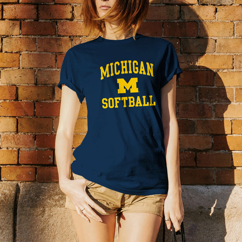 Arch Logo Softball University of Michigan Basic Cotton Short Sleeve T Shirt - Navy