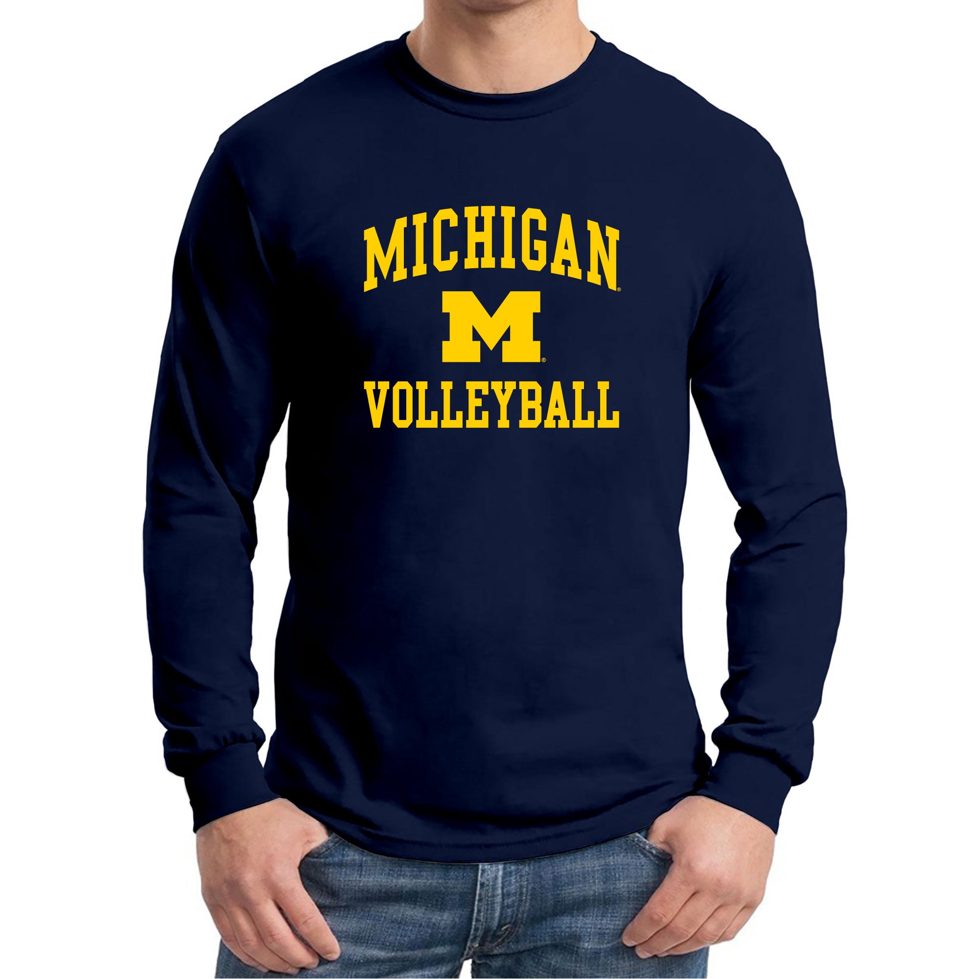 university of michigan fan gear University of Michigan Wolverines Arch Logo Volleyball Long Sleeve T-Shirt in Blue | Size: XL