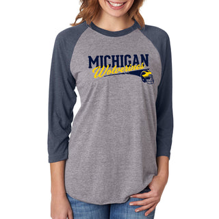 Varsity Script Helmet University of Michigan Next Level Triblend Raglan T Shirt - Premium Heather / Vintage Navy