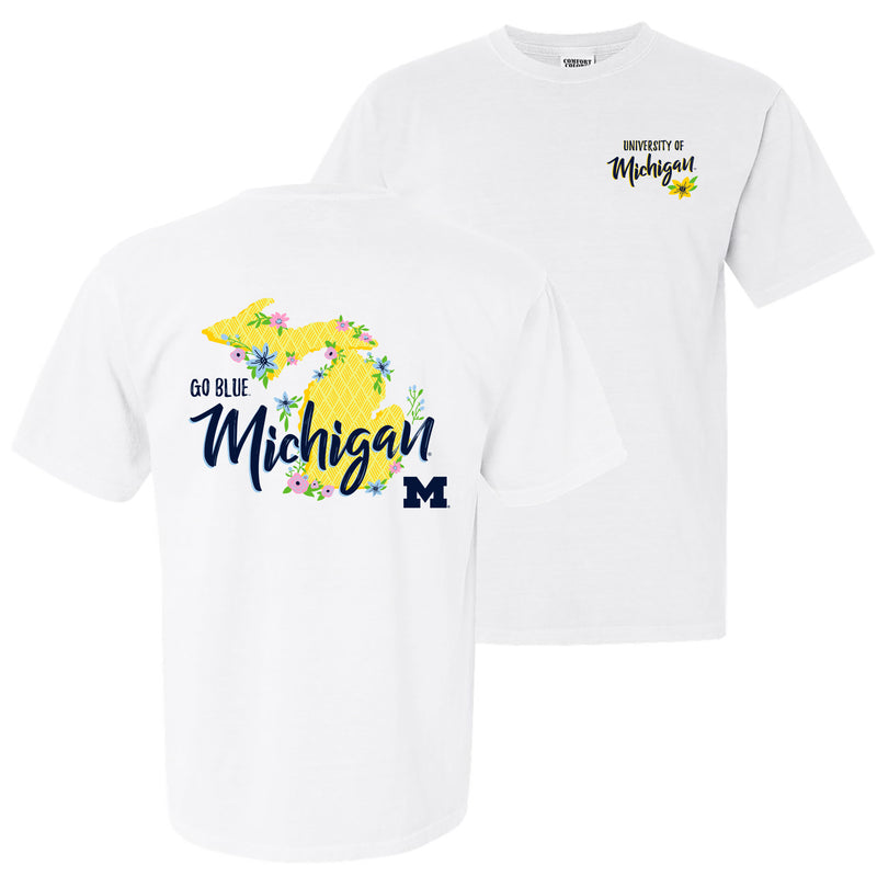 Floral State University of Michigan Comfort Colors Heavyweight Ringspun Short Sleeve T Shirt - White
