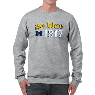 Throwback Year Stripe University of Michigan Wolverines Heavy Blend Crewneck - Sport Grey