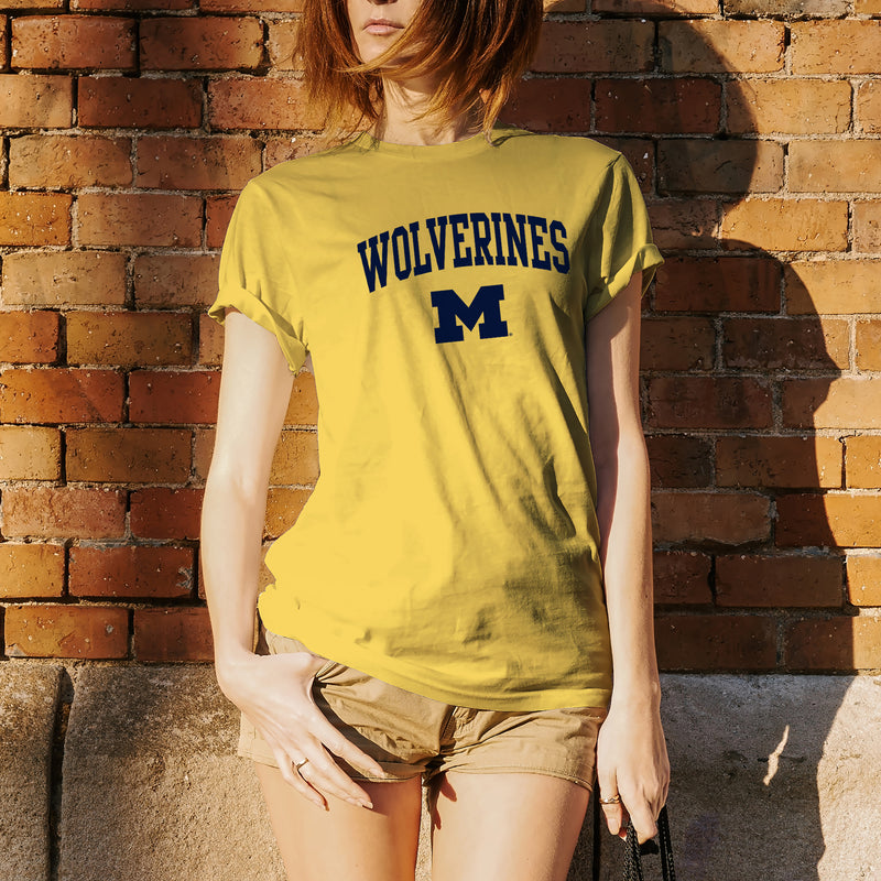 Mascot Arch Logo University of Michigan Basic Cotton Short Sleeve T Shirt - Maize