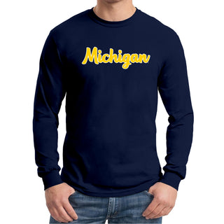 University of Michigan Wolverines Basic Script Cotton Long Sleeve T Shirt - Navy