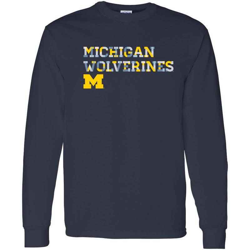 University of Michigan Wolverines Patchwork Cotton Long Sleeve T Shirt - Navy