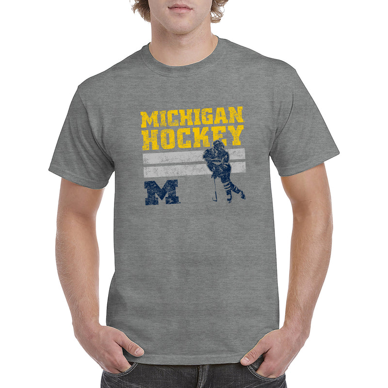 University of Michigan Retro Hockey Basic Cotton Short Sleeve T Shirt - Graphite Heather