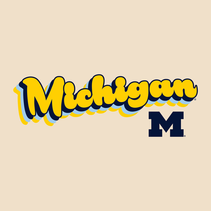 University of Michigan Wolverines Groovy Script Logo Ringer T Shirt - Natural/Midnight Navy