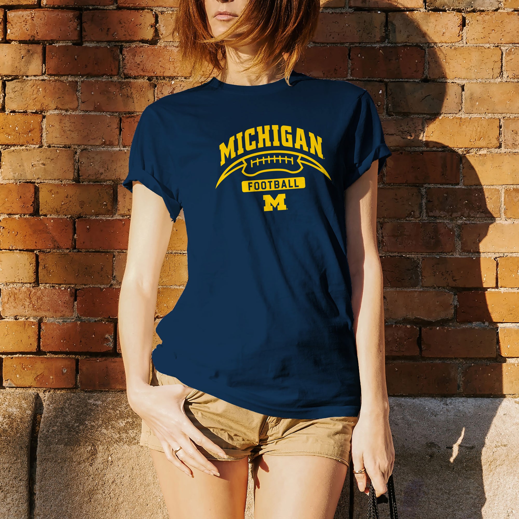 michigan football gear University of Michigan Wolverines Football Crescent Basic Cotton Short Sleeve T-Shirt in Blue | Size: Large