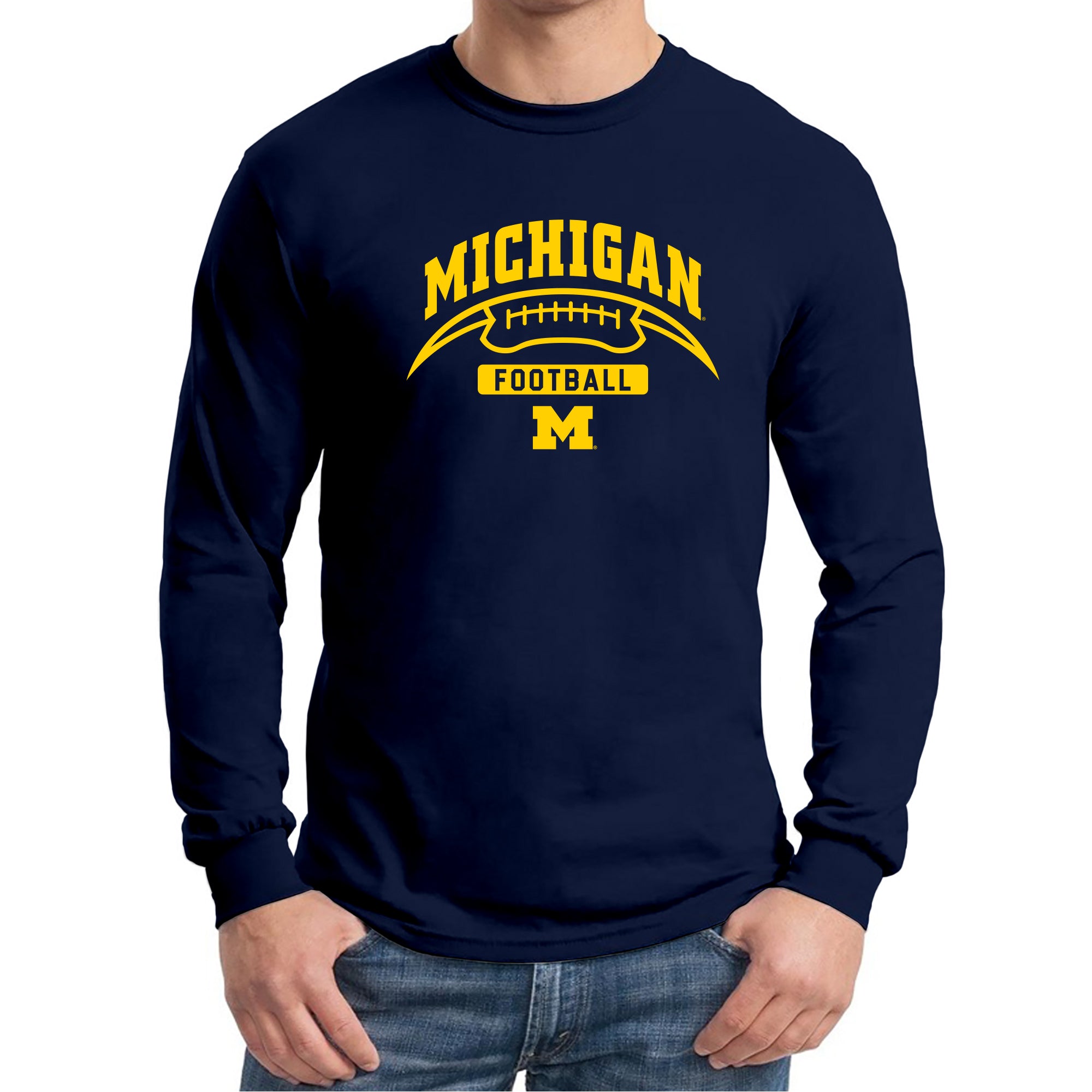 University of Michigan Wolverines Football Crescent Basic Cotton Long Sleeve T-Shirt in Blue | Size: 3XL