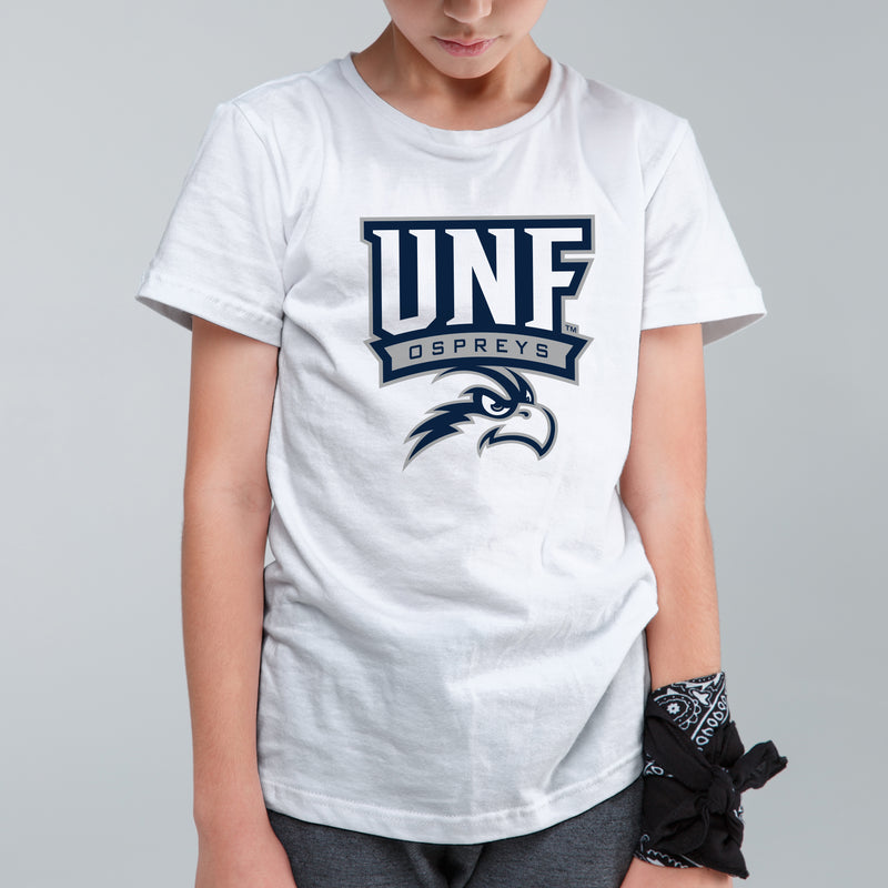 University of North Florida Ospreys Full Color Arch Logo Youth Short Sleeve T Shirt - White