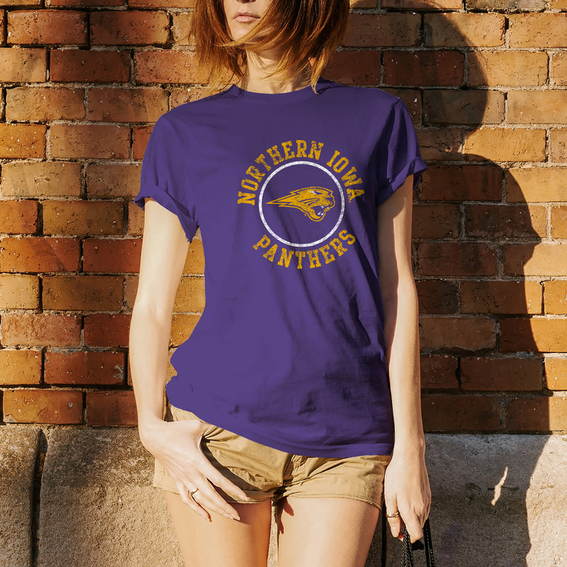 University of Northern Iowa Panthers Distressed Circle Logo Short Sleeve T Shirt - Purple