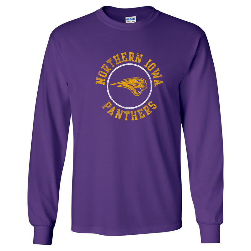 University of Northern Iowa Panthers Distressed Circle Logo Long Sleeve T Shirt - Purple