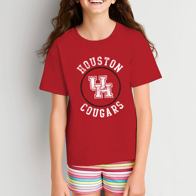 University of Houston Cougars Distressed Circle Logo Heavy Cotton Short Sleeve Youth T Shirt - Red