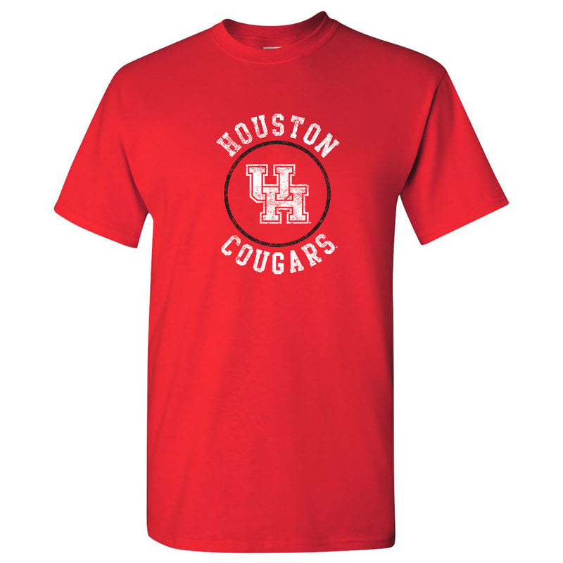 University of Houston Cougars Distressed Circle Logo Basic Cotton Short Sleeve T Shirt - Red