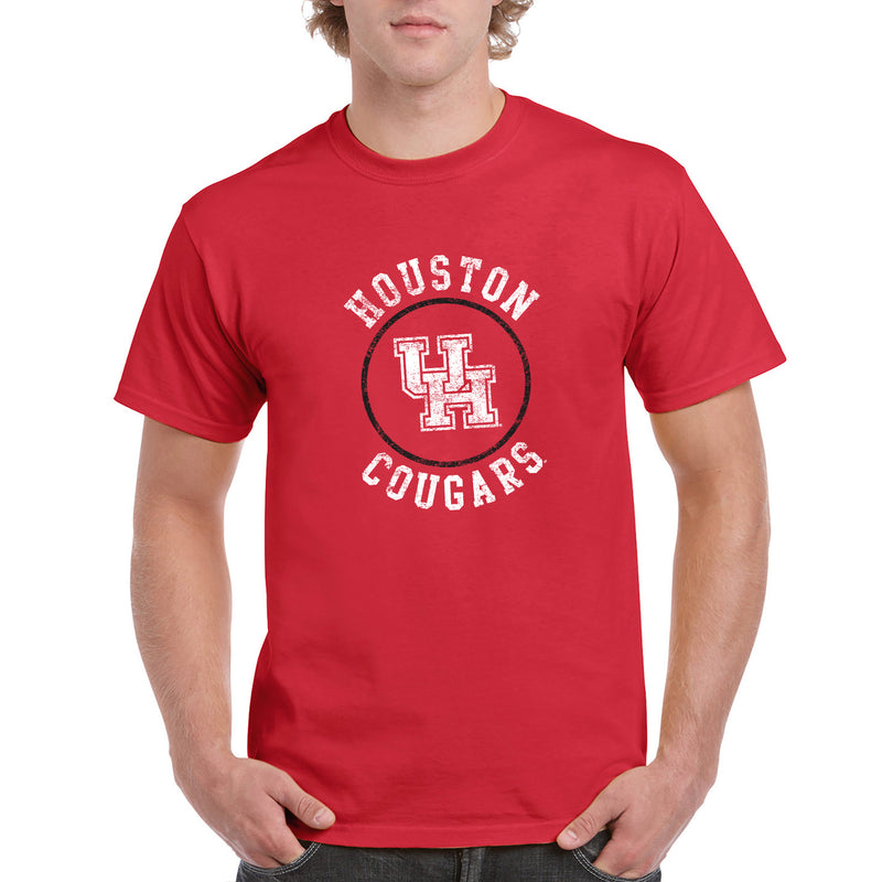 University of Houston Cougars Distressed Circle Logo Basic Cotton Short Sleeve T Shirt - Red