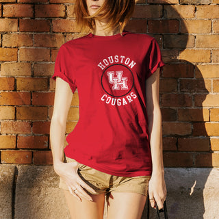 University of Houston Cougars Distressed Circle Logo Basic Cotton Short Sleeve T Shirt - Red