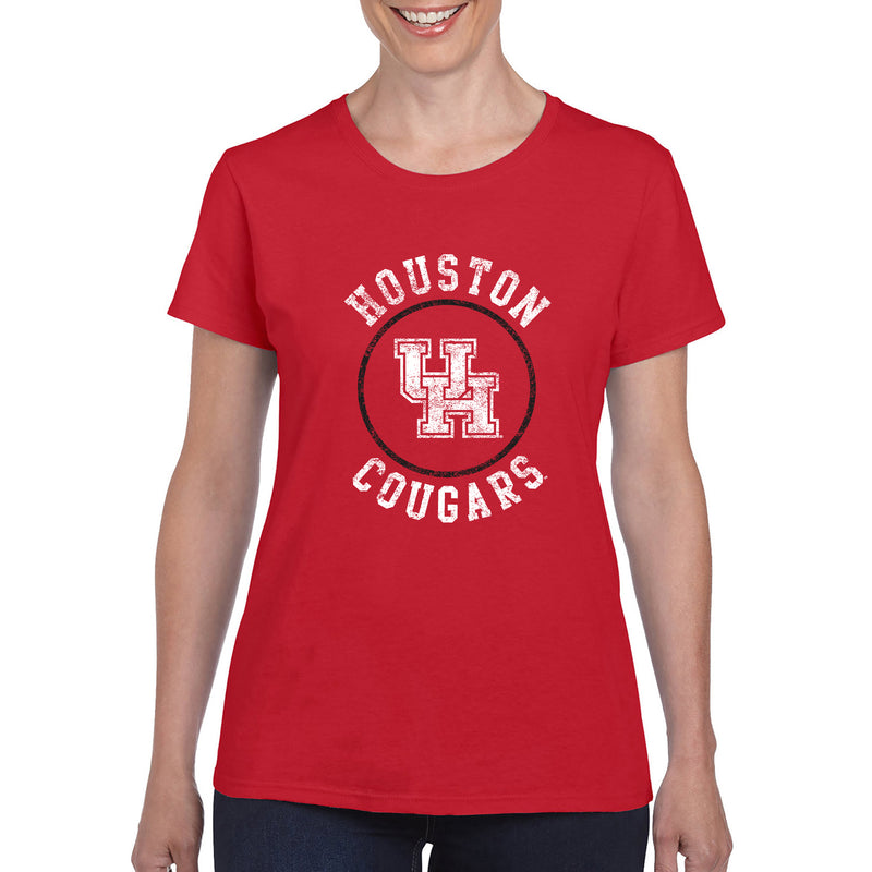 University of Houston Cougars Distressed Circle Logo Basic Cotton Short Sleeve Womens T Shirt - Red