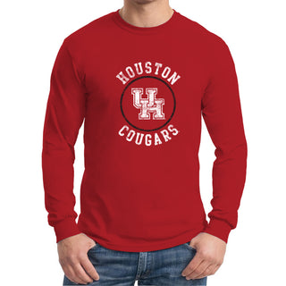 University of Houston Cougars Distressed Circle Logo Heavy Cotton Long Sleeve - Red