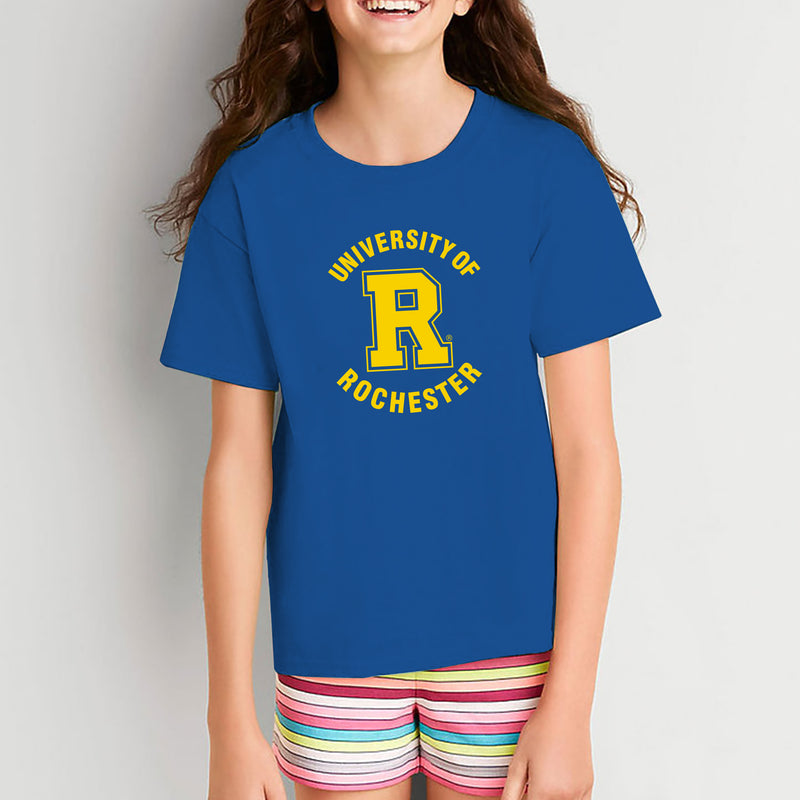 University of Rochester Yellowjackets Arch Logo Youth Short Sleeve T Shirt - Royal