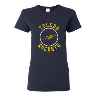 University of Toledo Rockets Distressed Circle Logo Heavy Cotton Short Sleeve Womens T Shirt - Navy