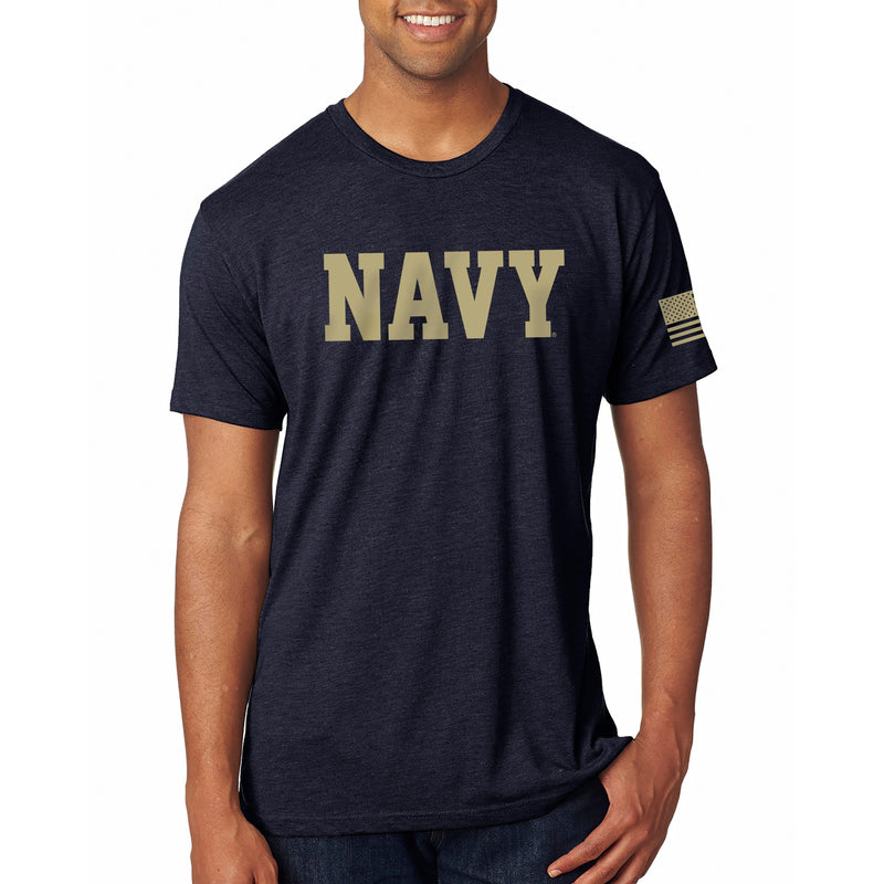 United States Naval Academy Midshipmen Block Navy Flag Sleeve Triblend Short Sleeve T-Shirt - Vintage Navy