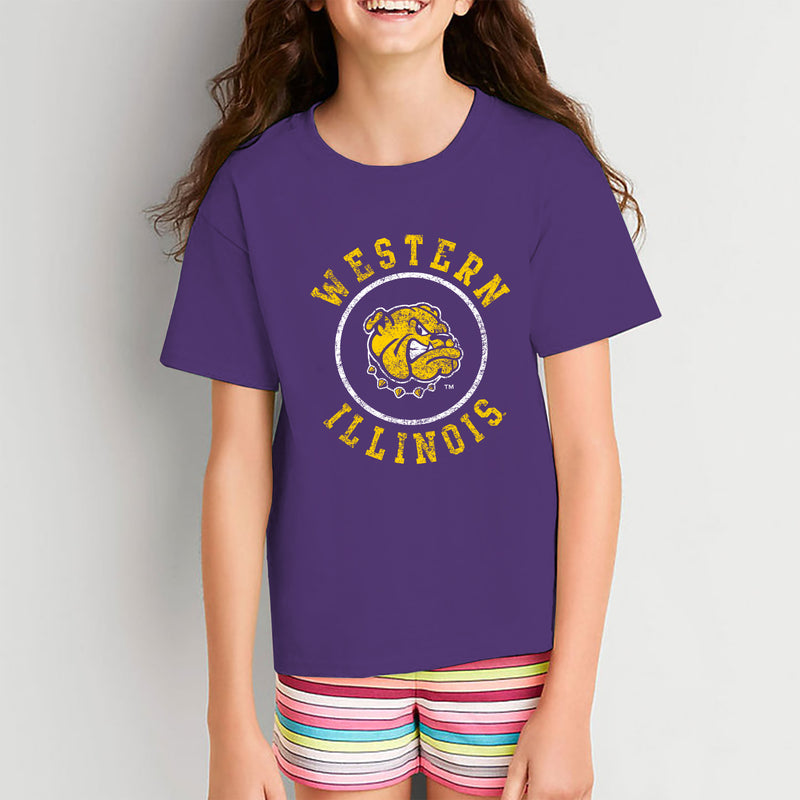 Western Illinois University Leathernecks Distressed Circle Logo Youth Short Sleeve T Shirt - Purple
