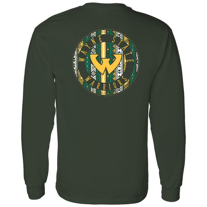 Wayne State University Warriors Aztec Pattern Emblem Long Sleeve T-Shirts - Forest