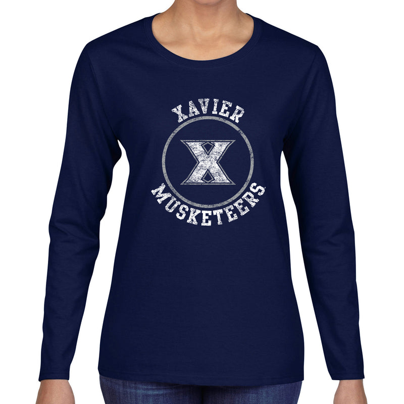 Xavier University Musketeers Distressed Circle Logo Long Sleeve Womens T-Shirt - Navy
