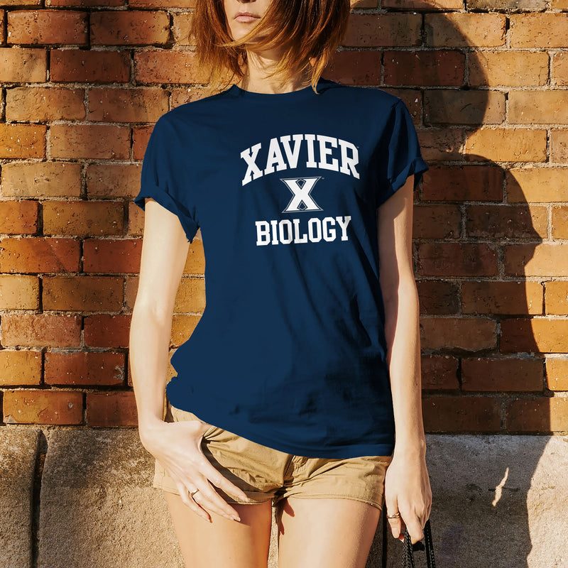 Xavier University Musketeers Arch Logo Biology Basic Cotton Short Sleeve T Shirt - Navy