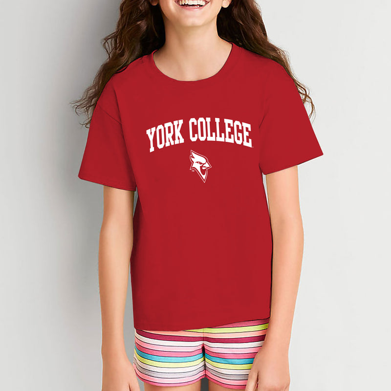 York College Cardinals Arch Logo Basic Cotton Youth Short Sleeve T Shirt - Red