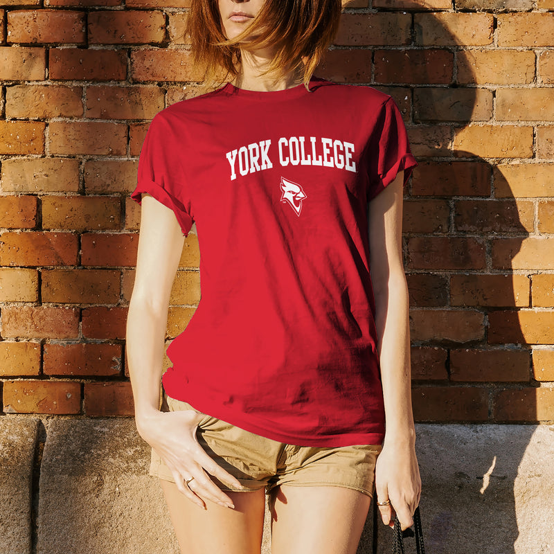 York College Cardinals Arch Logo Basic Cotton Short Sleeve T Shirt - Red