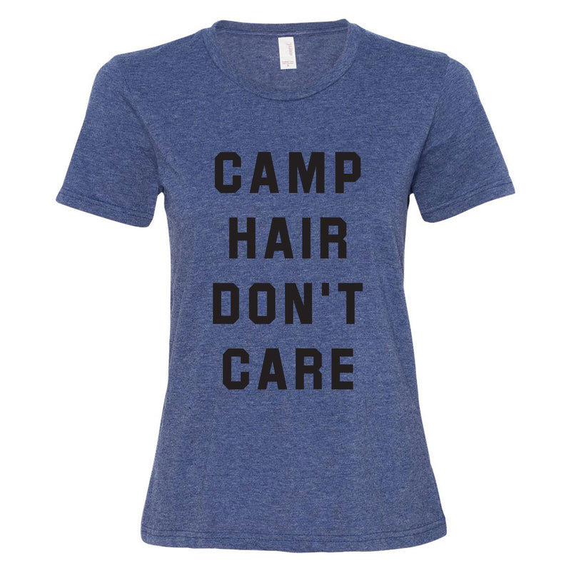 Camp Hair Don’t Care - Hiking, Outdoors, Nature, Summer, Lake, Party - Funny Adult Cotton T Shirt - Heather Blue