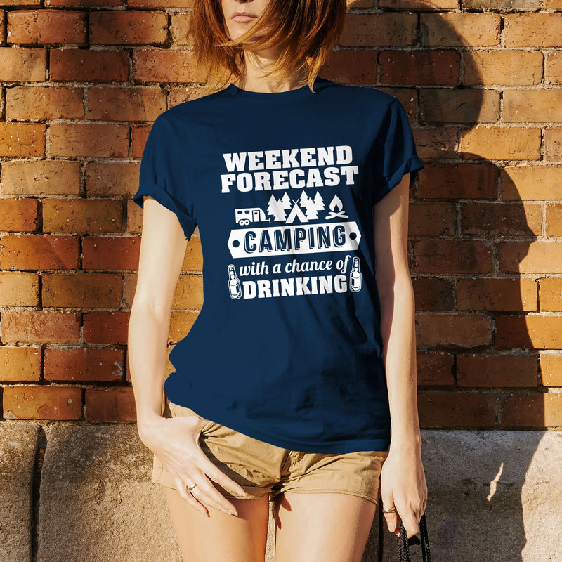 Weekend Forecast Camping With a Chance of Drinking - Hiking, Outdoors, Nature, Fishing, Drinking - Funny Adult Cotton T-Shirt - Navy